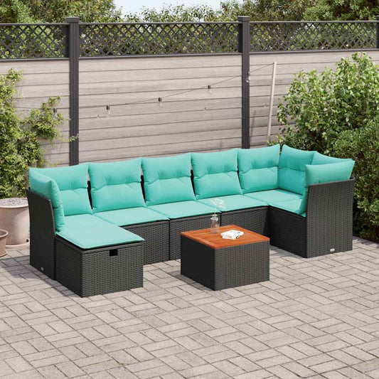 8-teiliges Gartensofa-Set mit Kissen, schwarzes Polyrattan