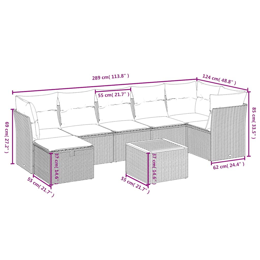 8-tlg. Garten-Sofagarnitur mit Kissen Grau Poly Rattan