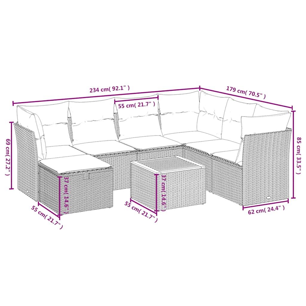 8-tlg. Garten-Sofagarnitur mit Kissen Schwarz Poly Rattan