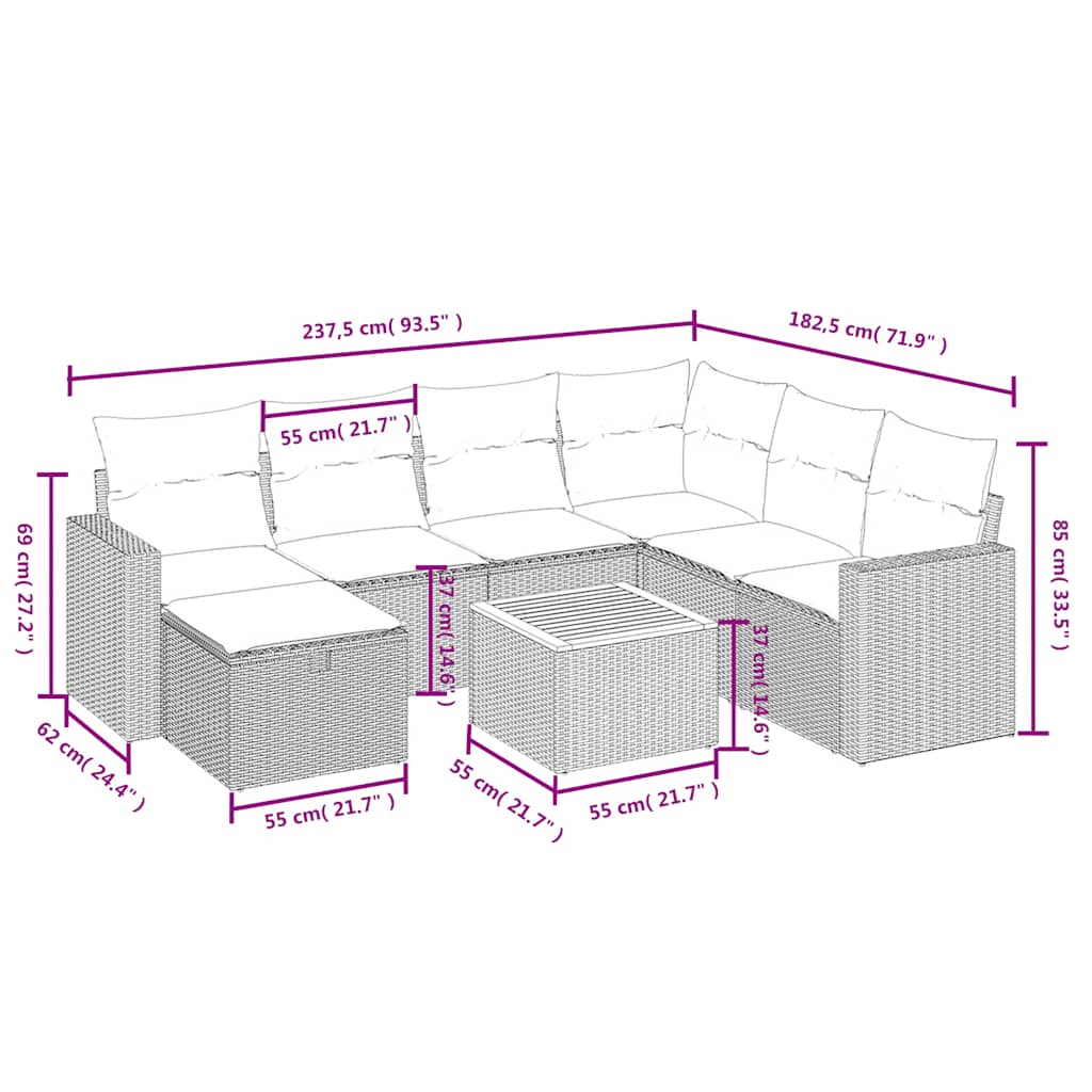 8-tlg. Garten-Sofagarnitur mit Kissen Schwarz Poly Rattan