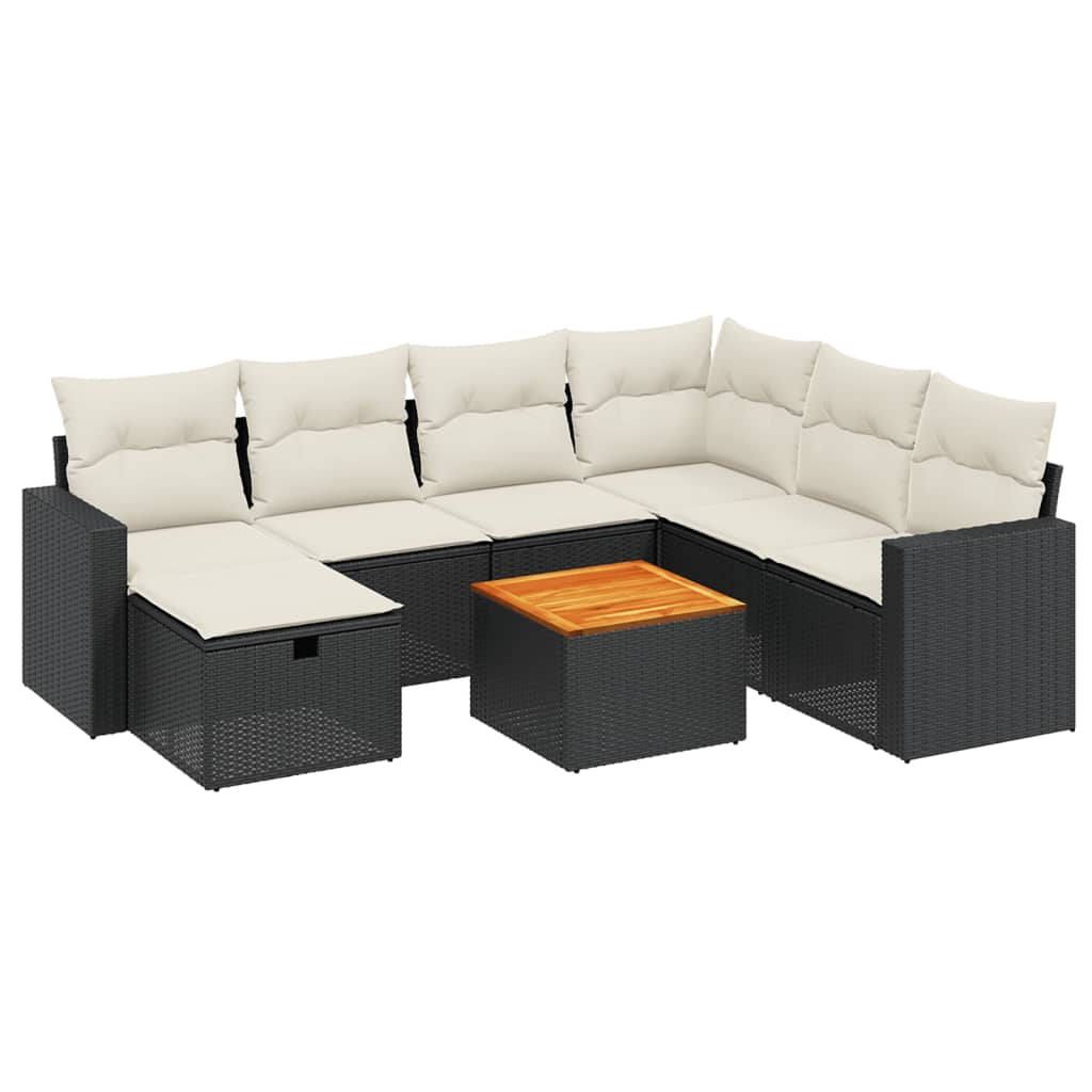 8-piece garden sofa set with cushions, black poly rattan
