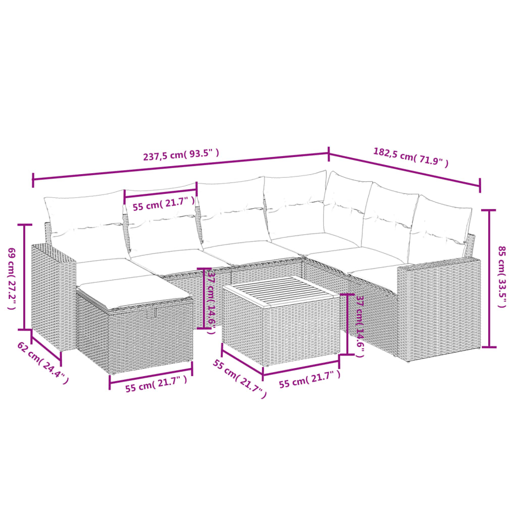 8-piece garden sofa set with cushions, black poly rattan