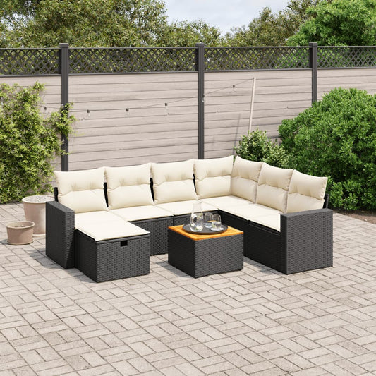 8-piece garden sofa set with cushions, black poly rattan