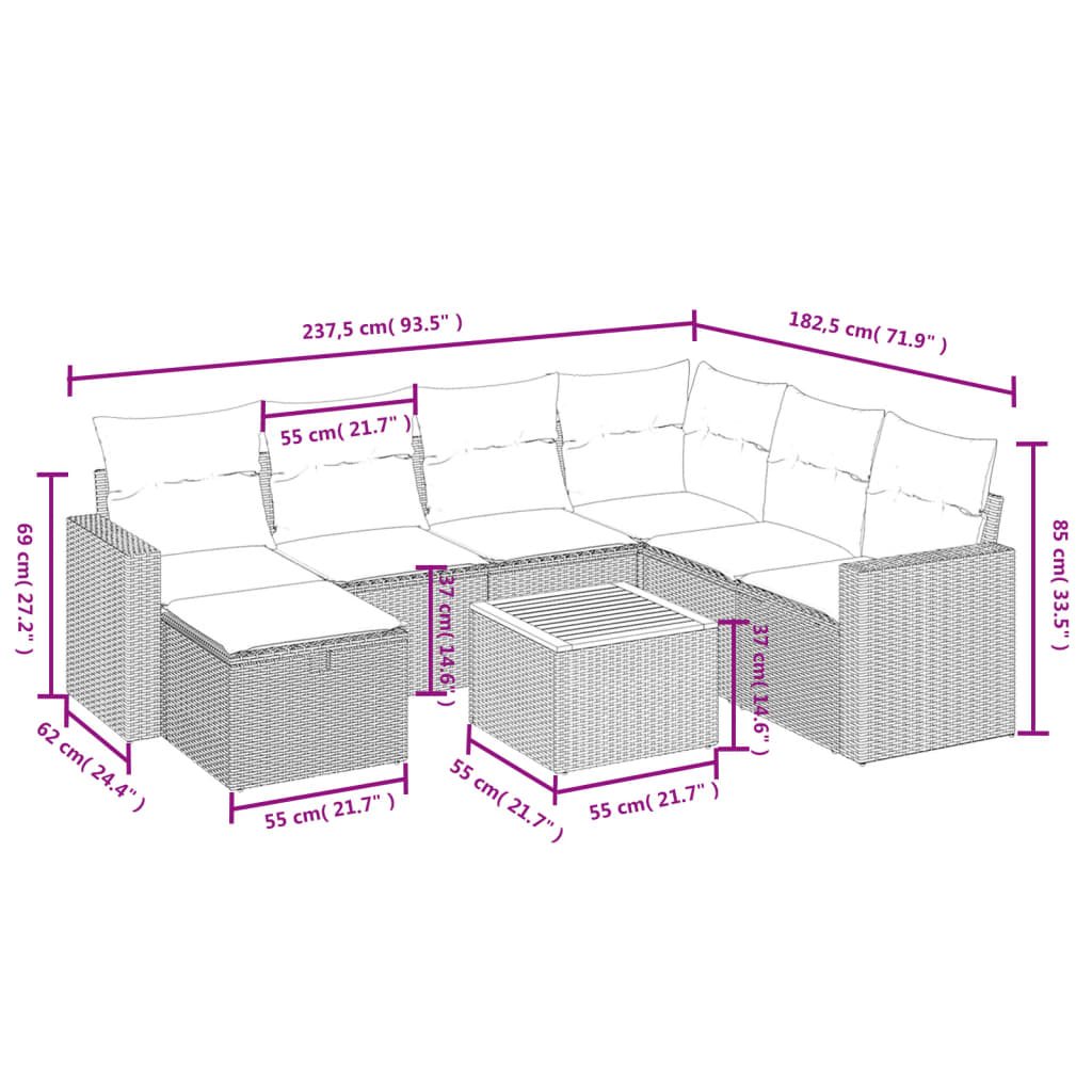 8-tlg. Garten-Sofagarnitur mit Kissen Grau Poly Rattan