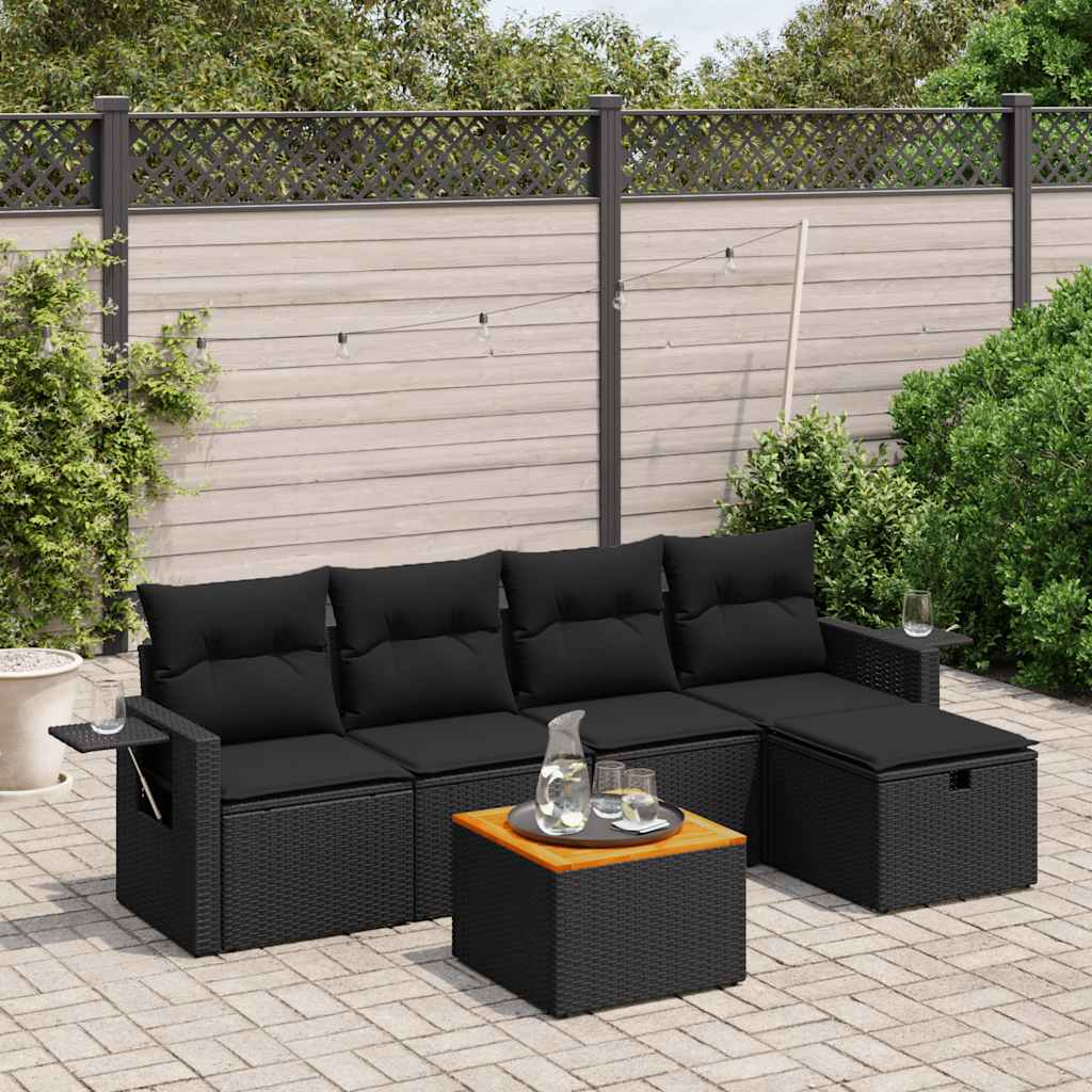 6-tlg. Garten-Sofagarnitur mit Kissen Schwarz Poly Rattan