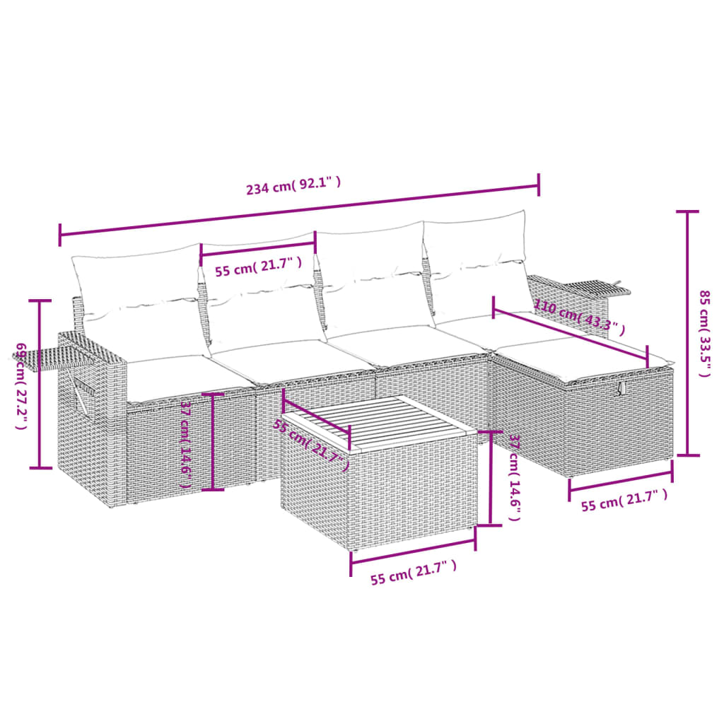 6-tlg. Garten-Sofagarnitur mit Kissen Grau Poly Rattan
