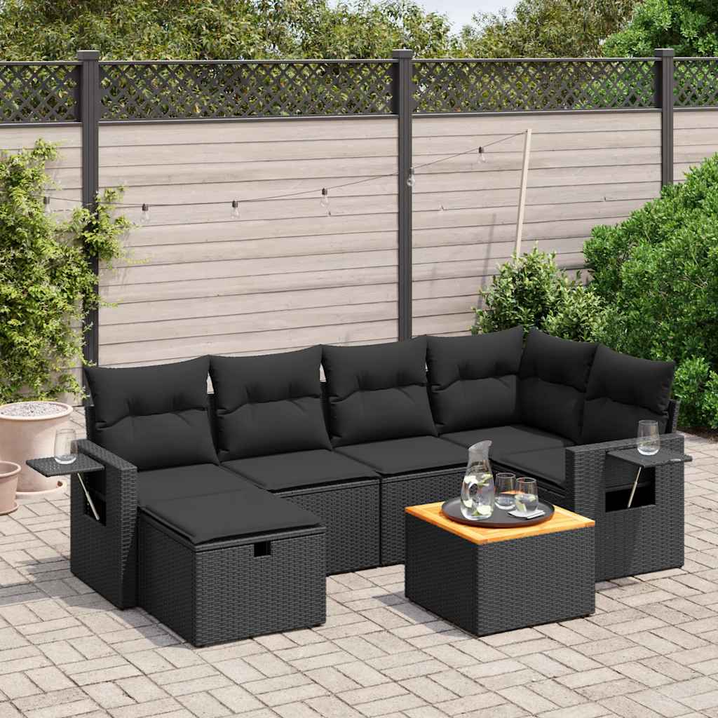 7-tlg. Garten-Sofagarnitur mit Kissen Schwarz Poly Rattan