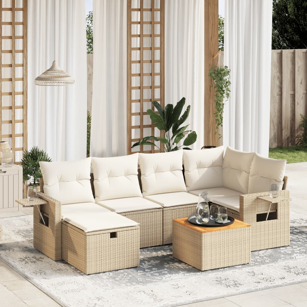 7-tlg. Garten-Sofagarnitur mit Kissen Beige Poly Rattan