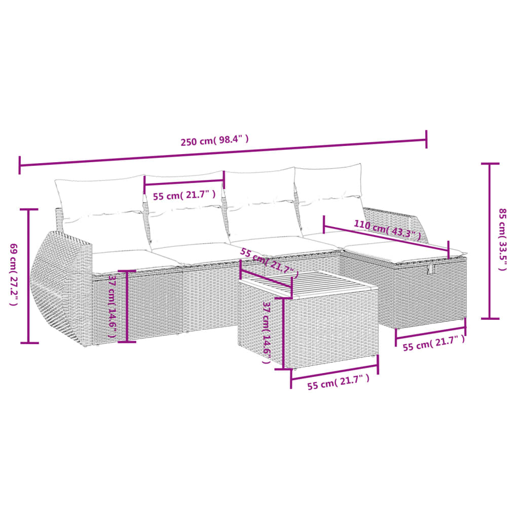 6-tlg. Garten-Sofagarnitur mit Kissen Schwarz Poly Rattan