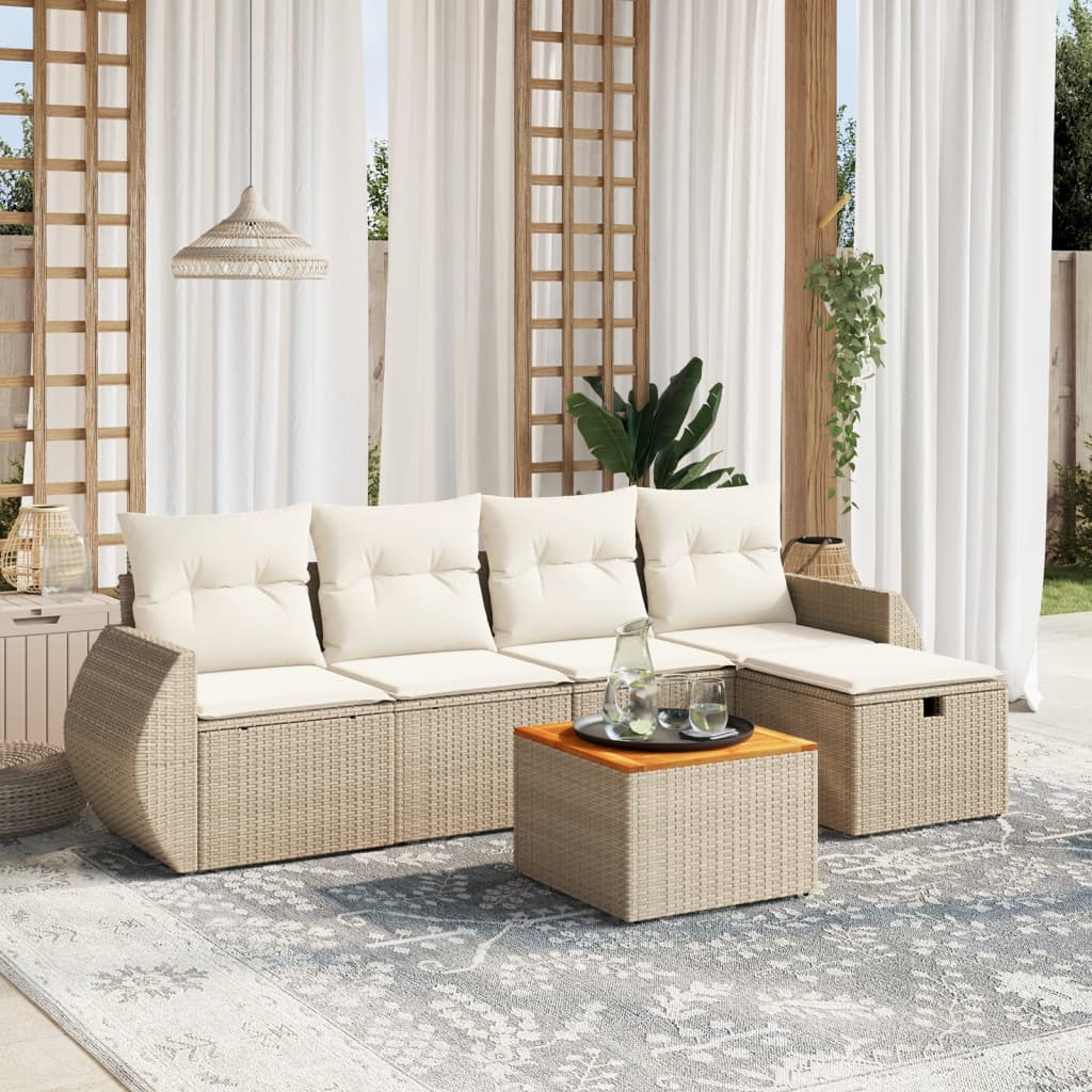6-tlg. Garten-Sofagarnitur mit Kissen Beige Poly Rattan