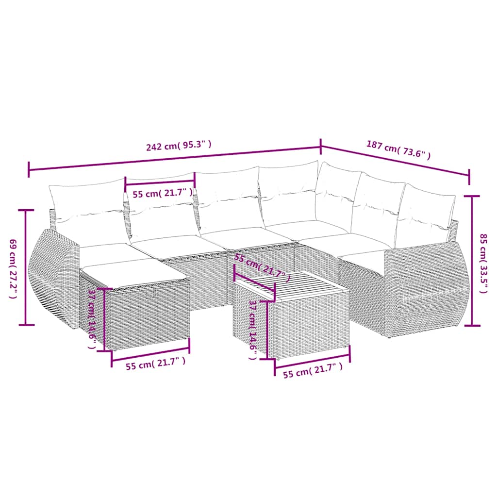 8-tlg. Garten-Sofagarnitur mit Kissen Schwarz Poly Rattan