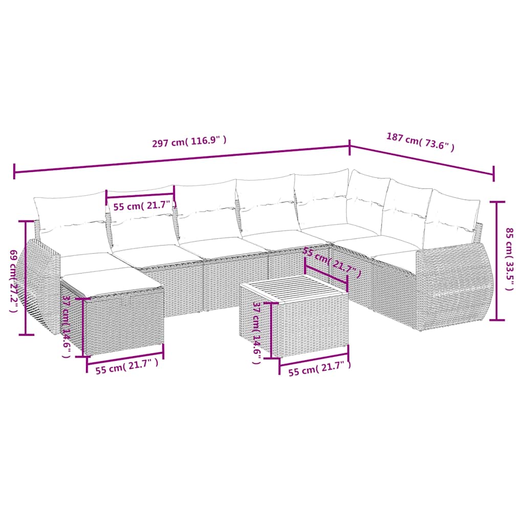 9-teiliges Gartensofa-Set mit Kissen, grau, Polyrattan