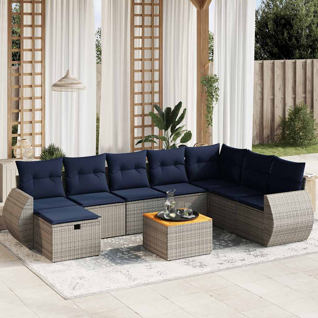 9-teiliges Gartensofa-Set mit Kissen, grau, Polyrattan