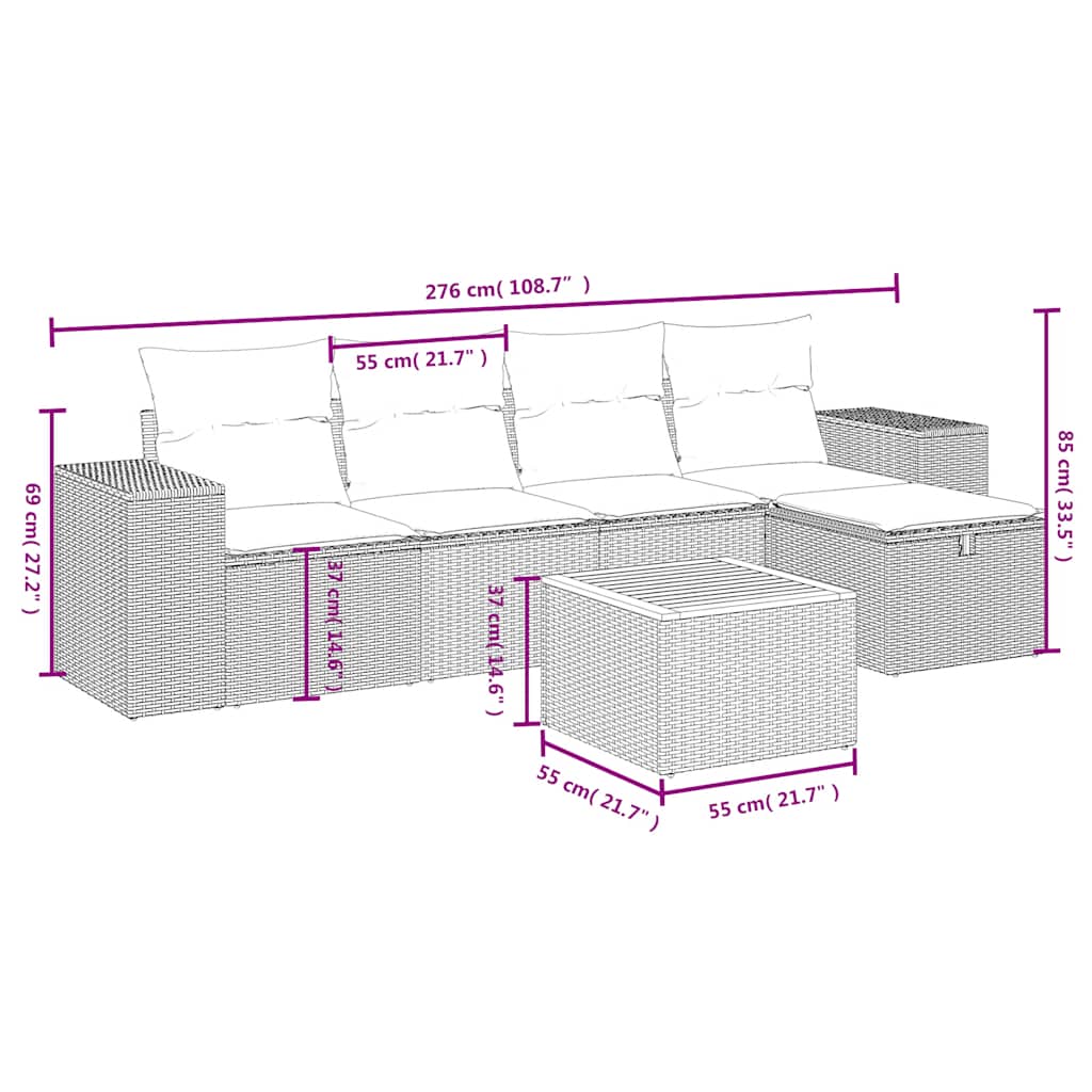 6-tlg. Garten-Sofagarnitur mit Kissen Schwarz Poly Rattan