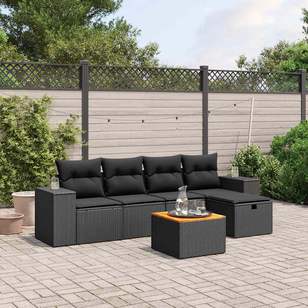 6-tlg. Garten-Sofagarnitur mit Kissen Schwarz Poly Rattan
