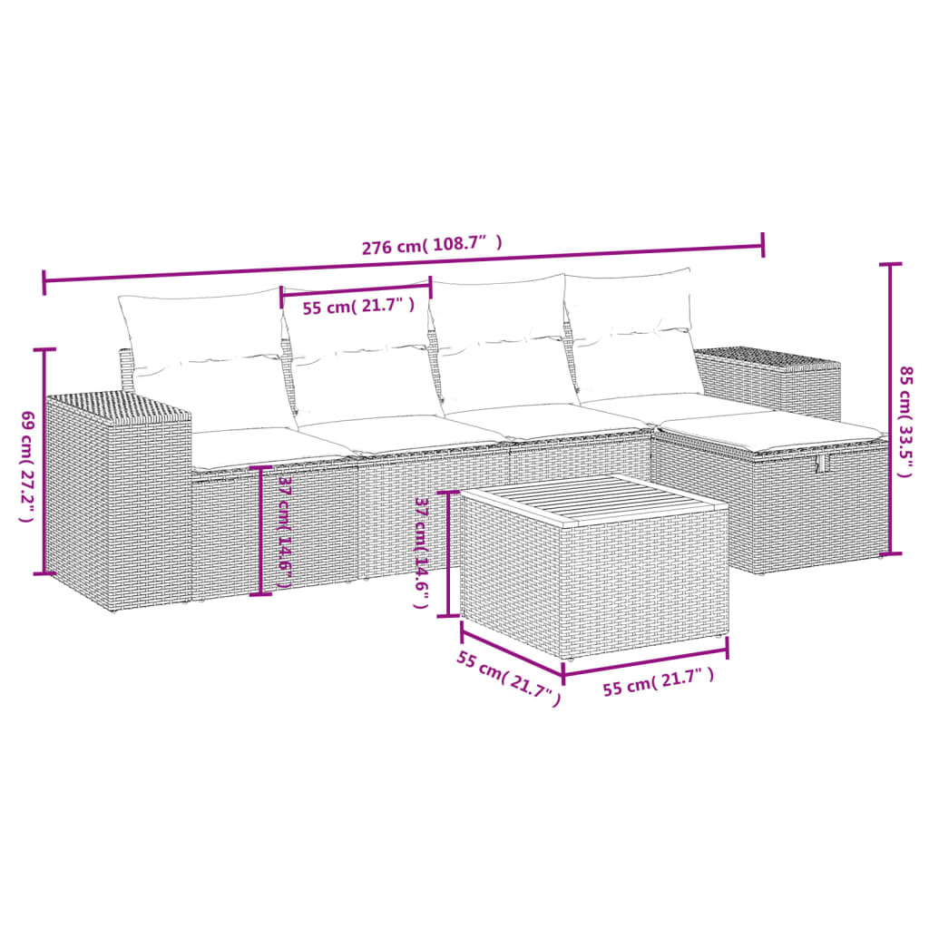 6-tlg. Garten-Sofagarnitur mit Kissen Grau Poly Rattan