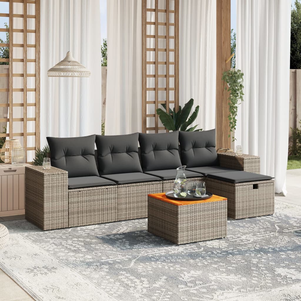 6-tlg. Garten-Sofagarnitur mit Kissen Grau Poly Rattan