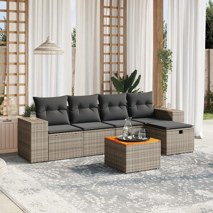 6-tlg. Garten-Sofagarnitur mit Kissen Grau Poly Rattan