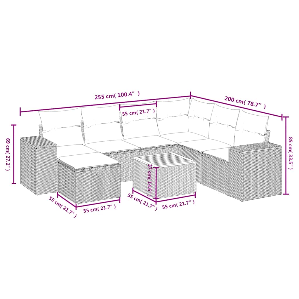 8-tlg. Garten-Sofagarnitur mit Kissen Schwarz Poly Rattan