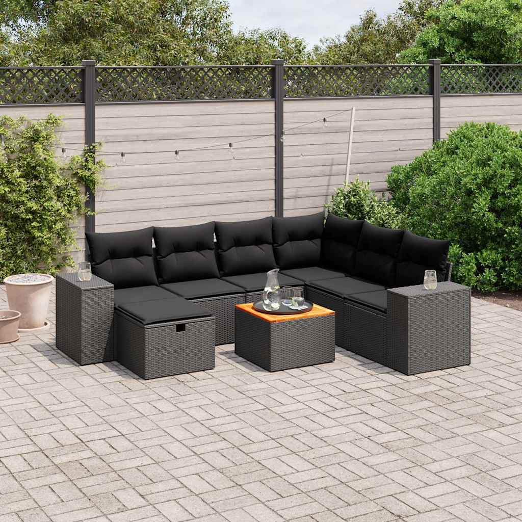 8-tlg. Garten-Sofagarnitur mit Kissen Schwarz Poly Rattan