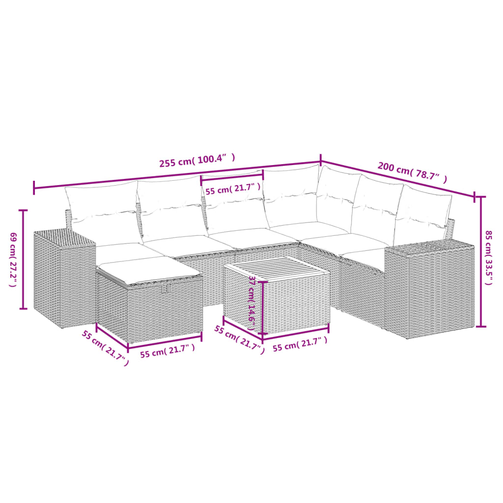 8-tlg. Garten-Sofagarnitur mit Kissen Grau Poly Rattan