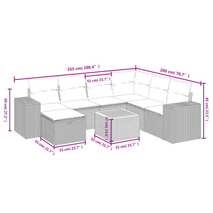 8-tlg. Garten-Sofagarnitur mit Kissen Grau Poly Rattan