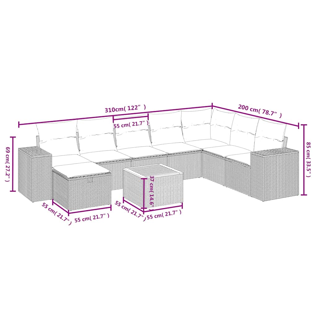 9-tlg. Garten-Sofagarnitur mit Kissen Schwarz Poly Rattan