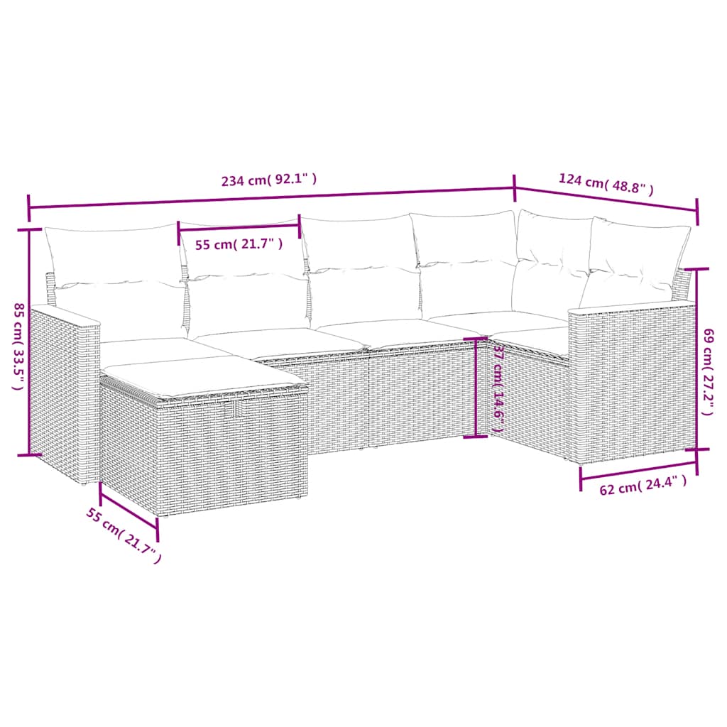 6-tlg. Garten-Sofagarnitur mit Kissen Schwarz Poly Rattan