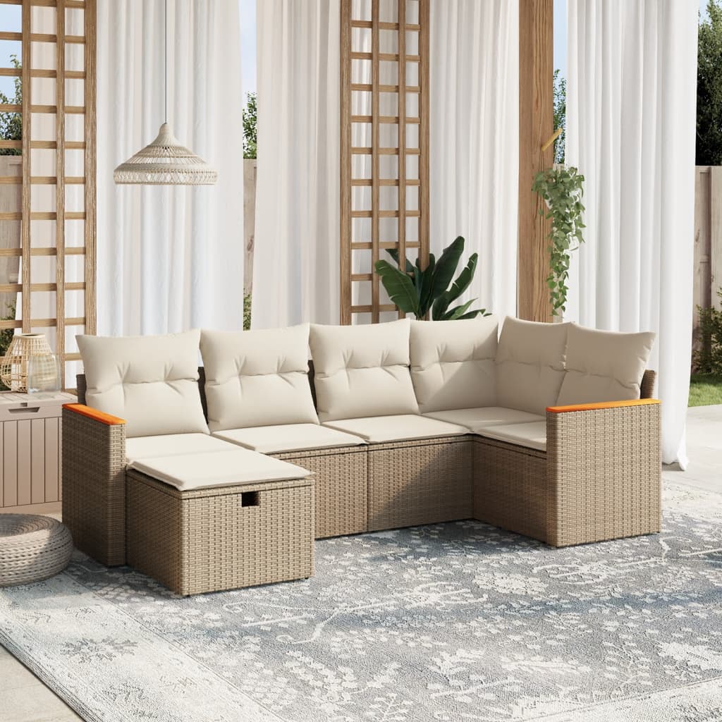6-tlg. Garten-Sofagarnitur mit Kissen Beige Poly Rattan