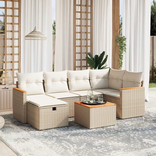7-tlg. Garten-Sofagarnitur mit Kissen Beige Poly Rattan