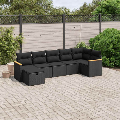 7-tlg. Garten-Sofagarnitur mit Kissen Schwarz Poly Rattan