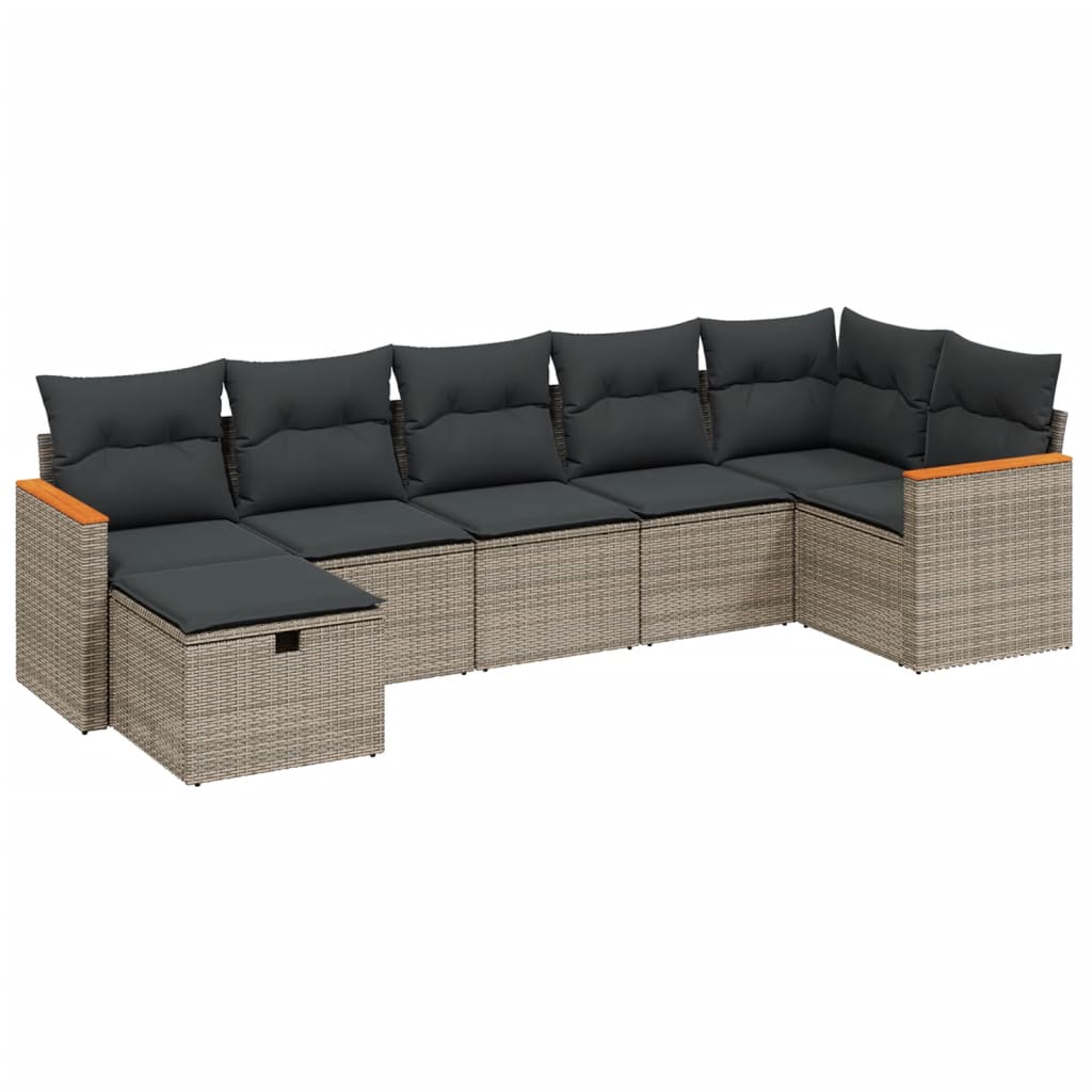 7-tlg. Garten-Sofagarnitur mit Kissen Grau Poly Rattan