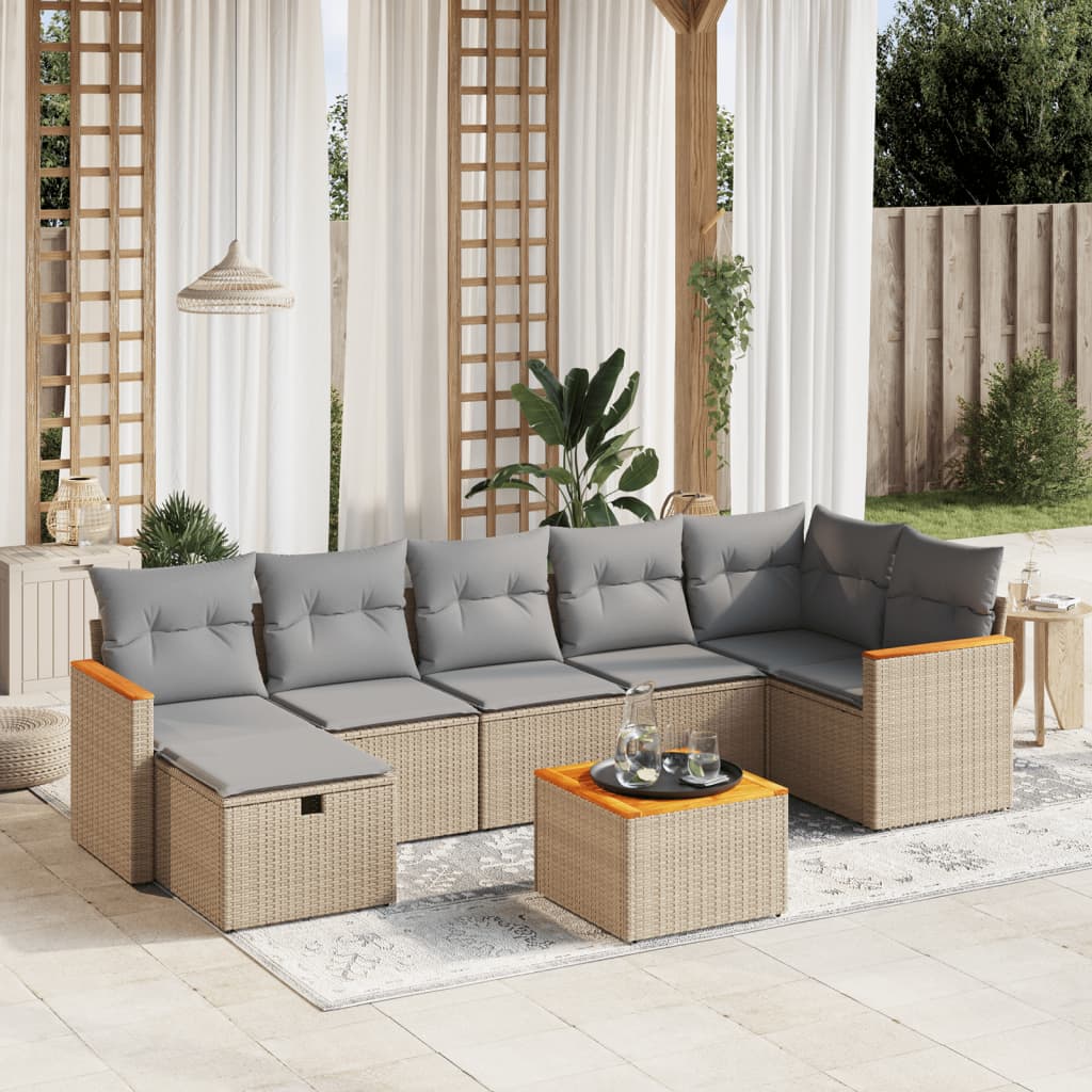 8-tlg. Garten-Sofagarnitur mit Kissen Beige Poly Rattan
