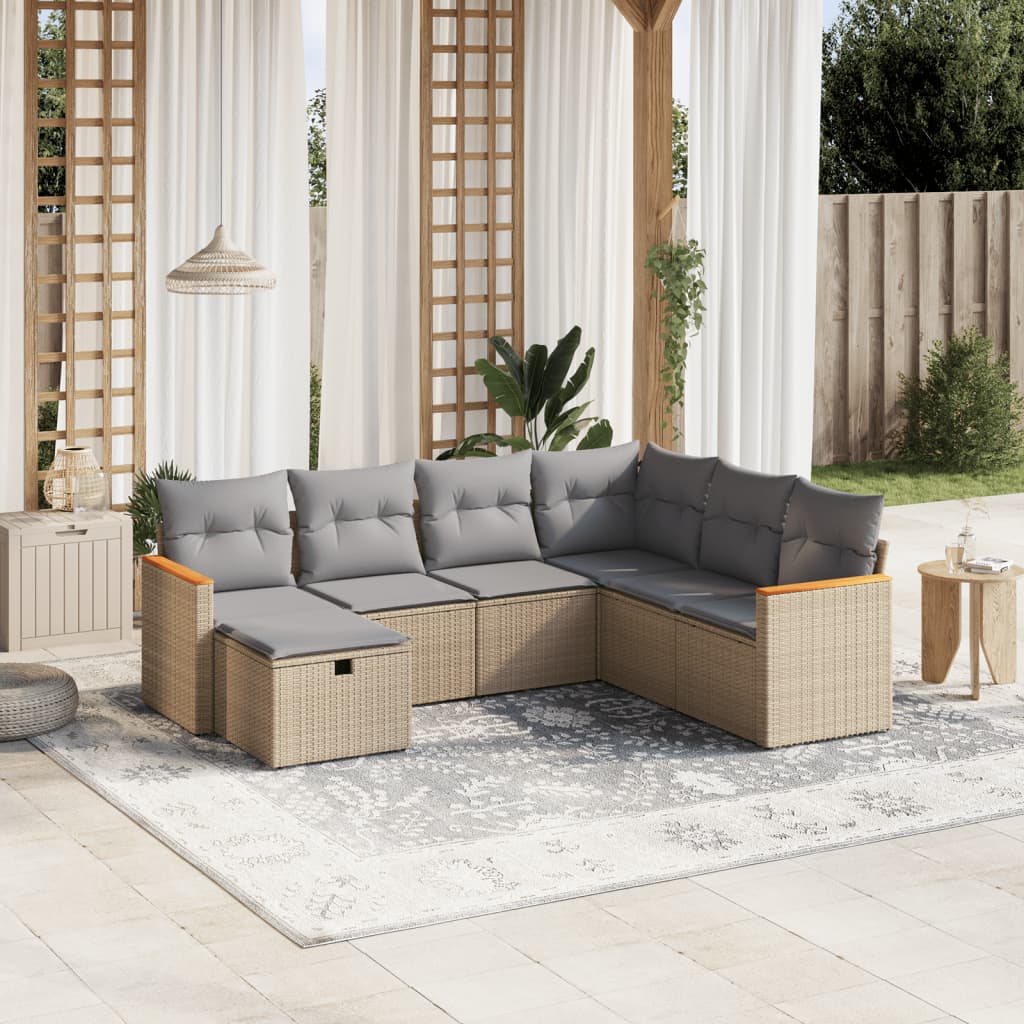7-tlg. Garten-Sofagarnitur mit Kissen Beige Poly Rattan