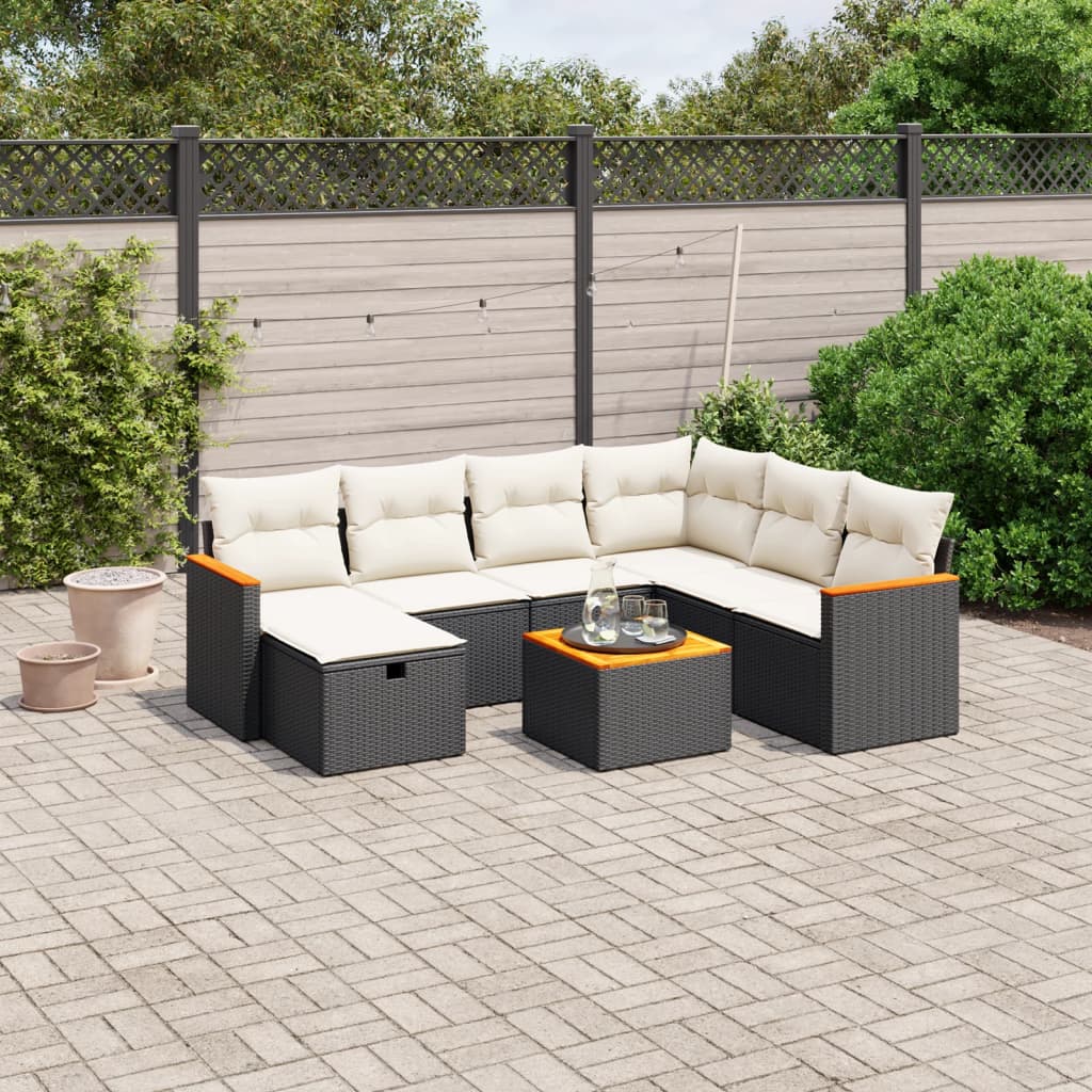 8-piece garden sofa set with cushions, black poly rattan