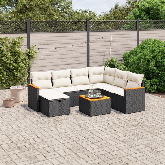 8-piece garden sofa set with cushions, black poly rattan