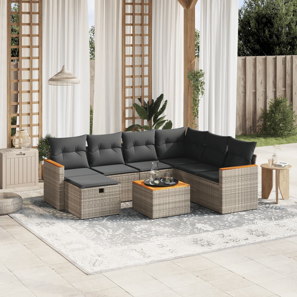 8-tlg. Garten-Sofagarnitur mit Kissen Grau Poly Rattan