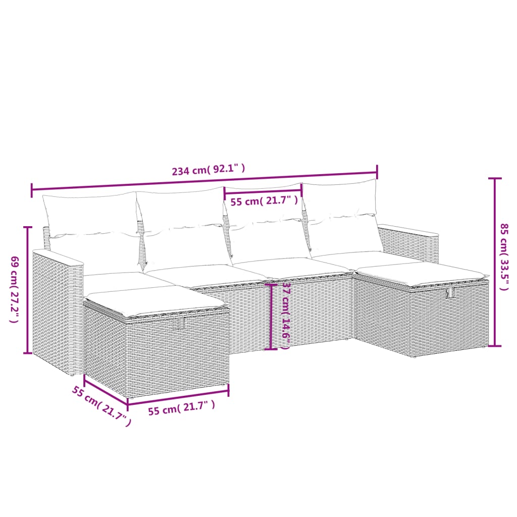 6-tlg. Garten-Sofagarnitur mit Kissen Schwarz Poly Rattan