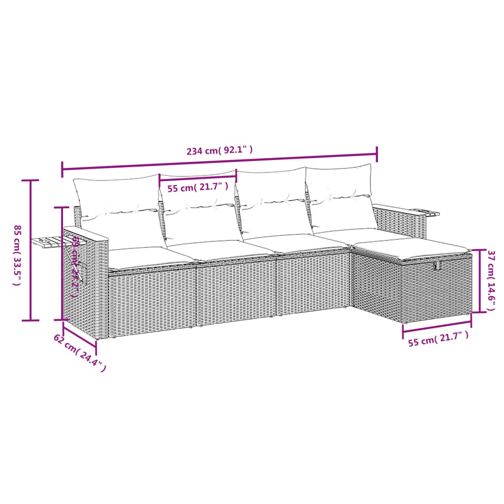 5-tlg. Garten-Sofagarnitur mit Kissen Grau Poly Rattan