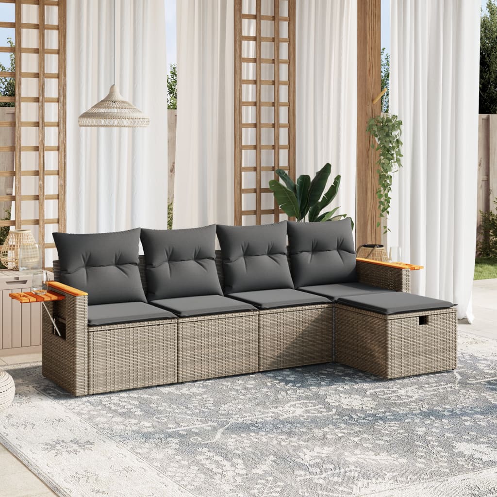 5-tlg. Garten-Sofagarnitur mit Kissen Grau Poly Rattan