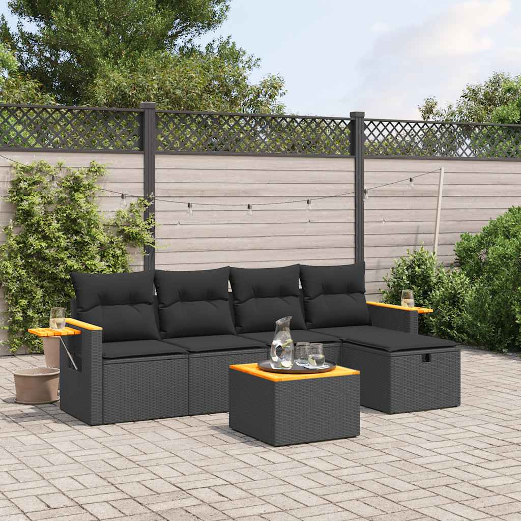 6-tlg. Garten-Sofagarnitur mit Kissen Schwarz Poly Rattan