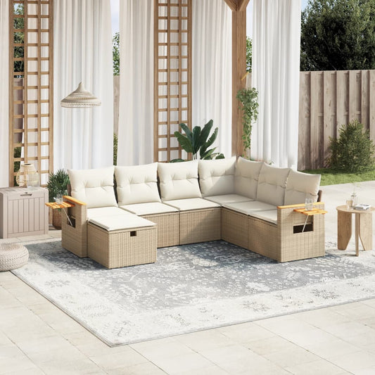 7-tlg. Garten-Sofagarnitur mit Kissen Beige Poly Rattan