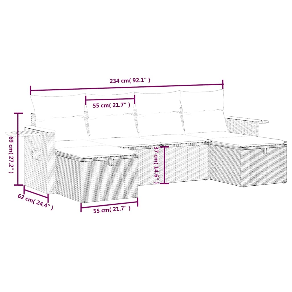 6-tlg. Garten-Sofagarnitur mit Kissen Schwarz Poly Rattan