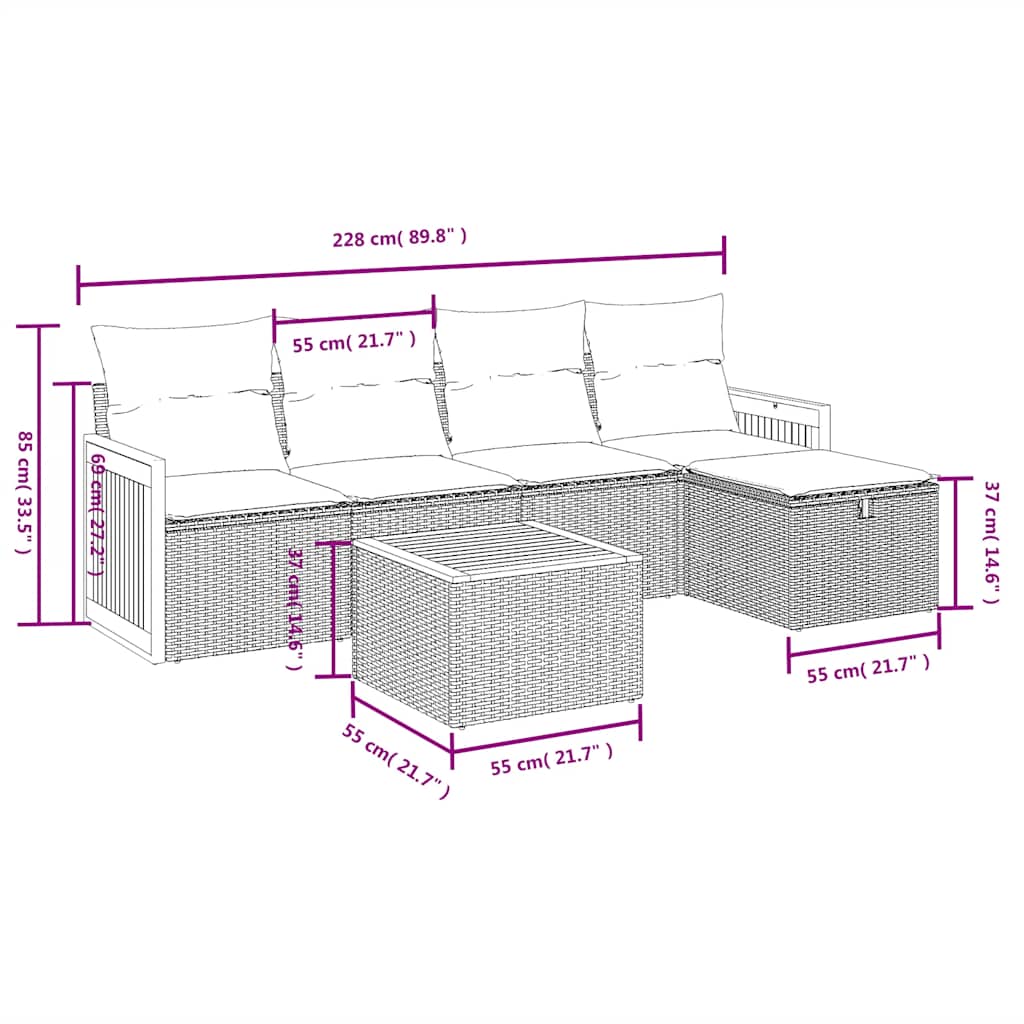 6-tlg. Garten-Sofagarnitur mit Kissen Schwarz Poly Rattan