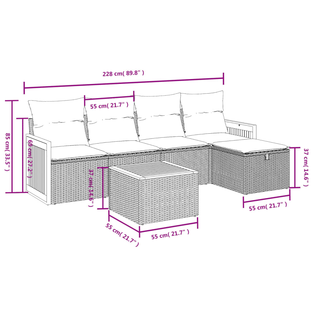 6-tlg. Garten-Sofagarnitur mit Kissen Grau Poly Rattan