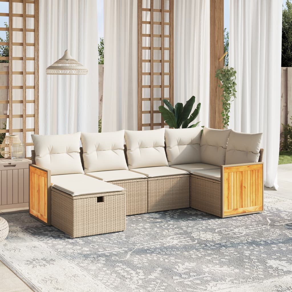6-tlg. Garten-Sofagarnitur mit Kissen Beige Poly Rattan