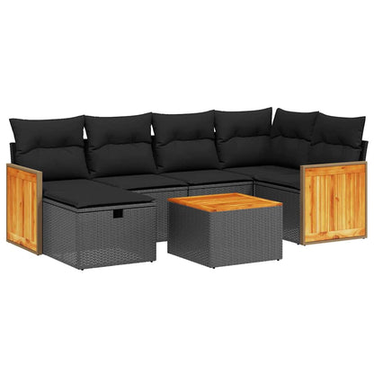 7-tlg. Garten-Sofagarnitur mit Kissen Schwarz Poly Rattan