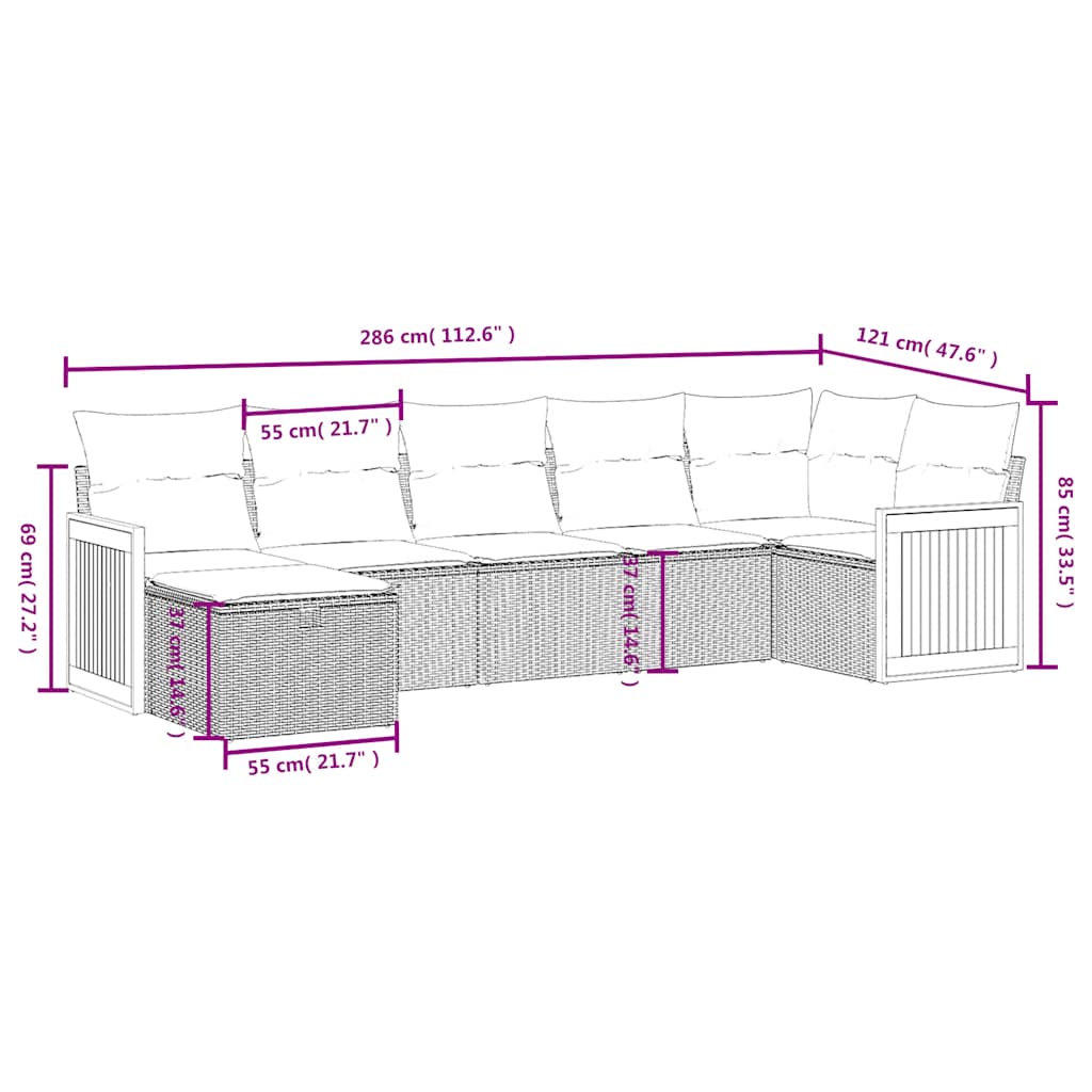 7-tlg. Garten-Sofagarnitur mit Kissen Schwarz Poly Rattan