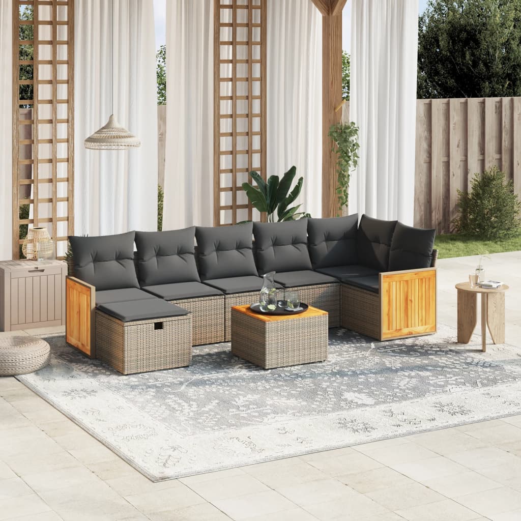 8-tlg. Garten-Sofagarnitur mit Kissen Grau Poly Rattan