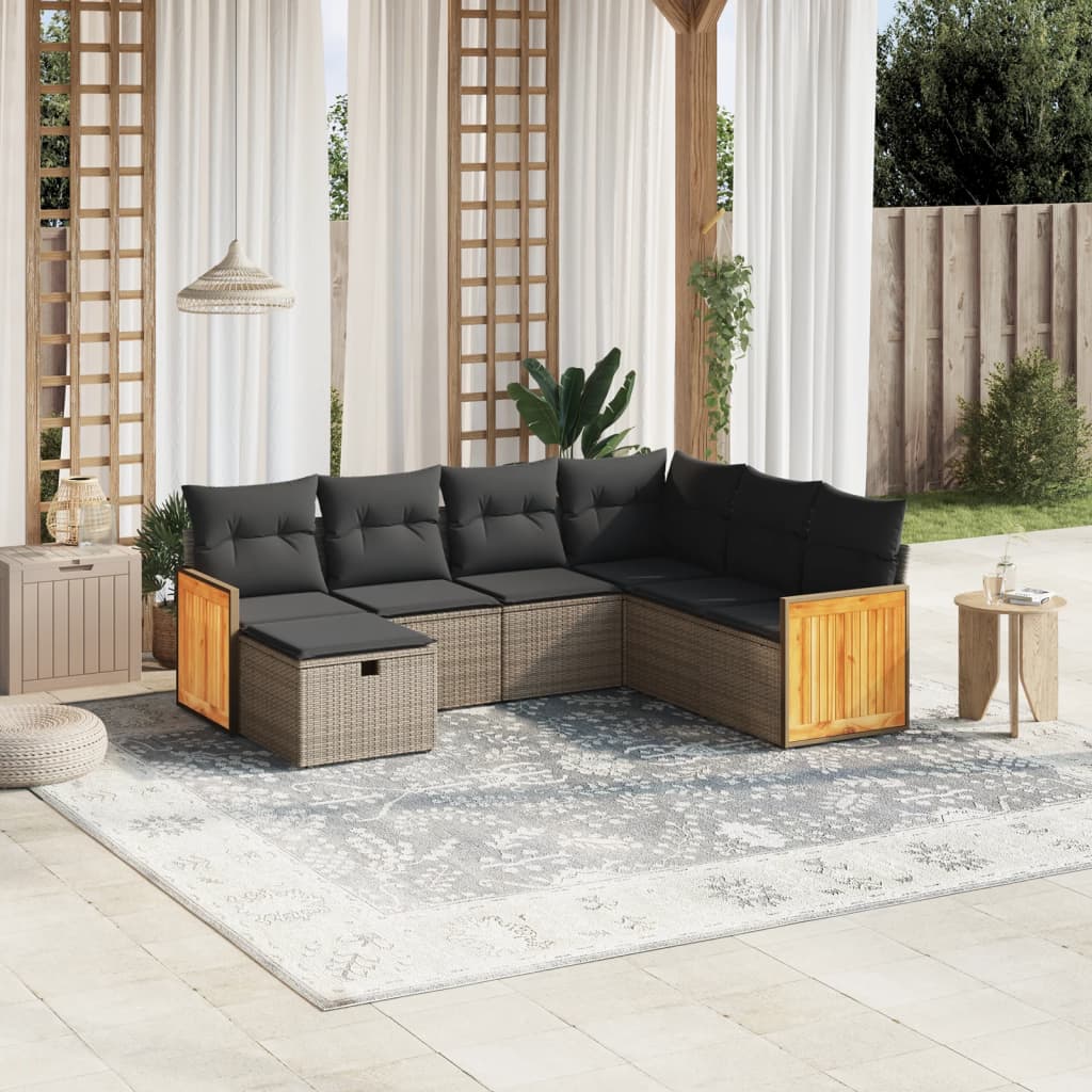 7-tlg. Garten-Sofagarnitur mit Kissen Grau Poly Rattan